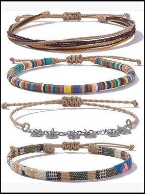 Boho Clay Bead Anklet Set with Coin Charms Adjustable Summer Beach Jewelry